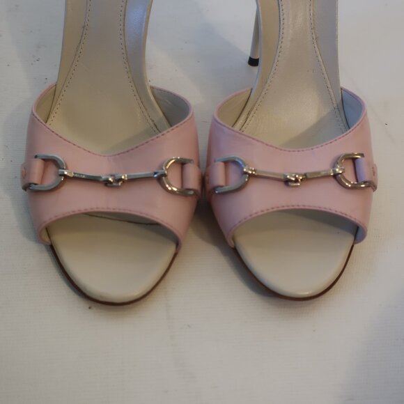 Womens Gucci Pink Stiletto Heel Open Toe Leather Sandal Mule Heels 38.5 US/8.5 - Picture 4 of 11